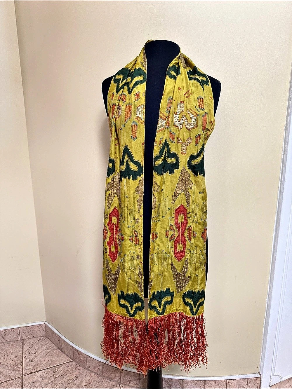 Vintage Silk long Yellow & Green Embellished Fringe Scarf